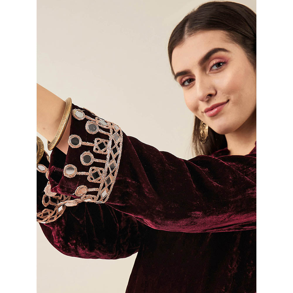 First Resort by Ramola Bachchan Maroon Silk Velvet Kurta with Mirror Lace Detail