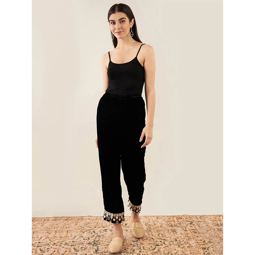First Resort by Ramola Bachchan Black Silk Velvet Straight Pant with Mirror Lace Detail
