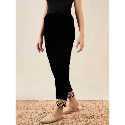 First Resort by Ramola Bachchan Black Silk Velvet Straight Pant with Mirror Lace Detail
