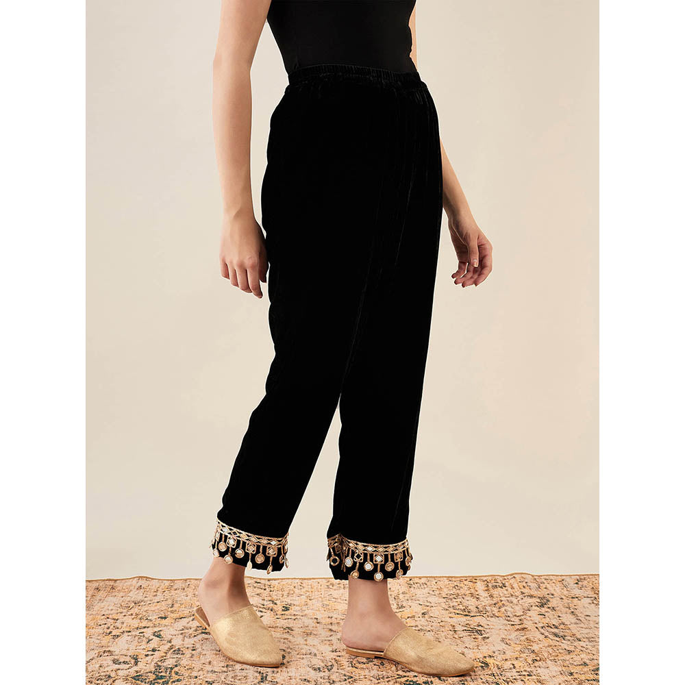 First Resort by Ramola Bachchan Black Silk Velvet Straight Pant with Mirror Lace Detail