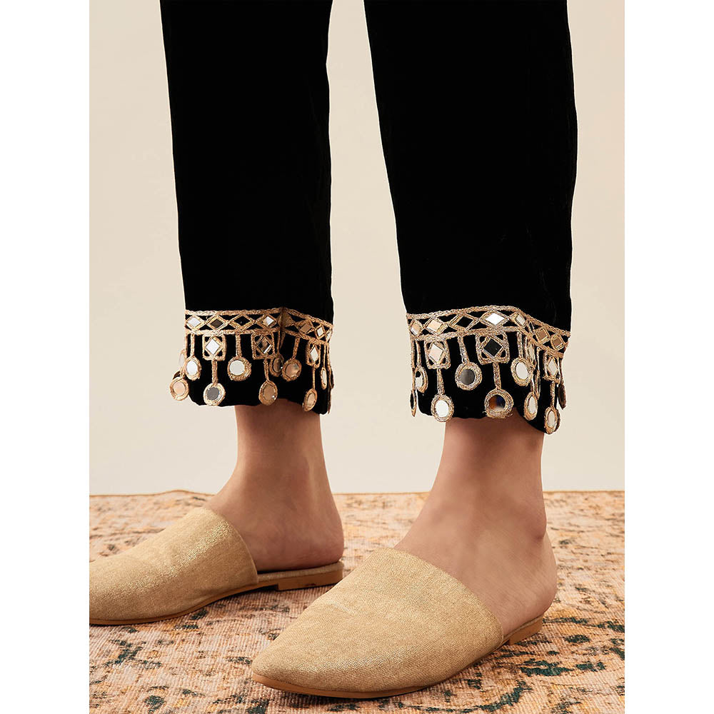 First Resort by Ramola Bachchan Black Silk Velvet Straight Pant with Mirror Lace Detail