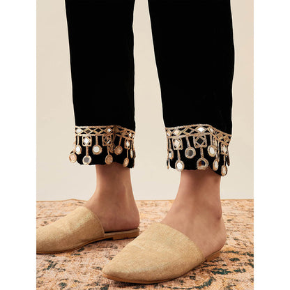 First Resort by Ramola Bachchan Black Silk Velvet Straight Pant with Mirror Lace Detail