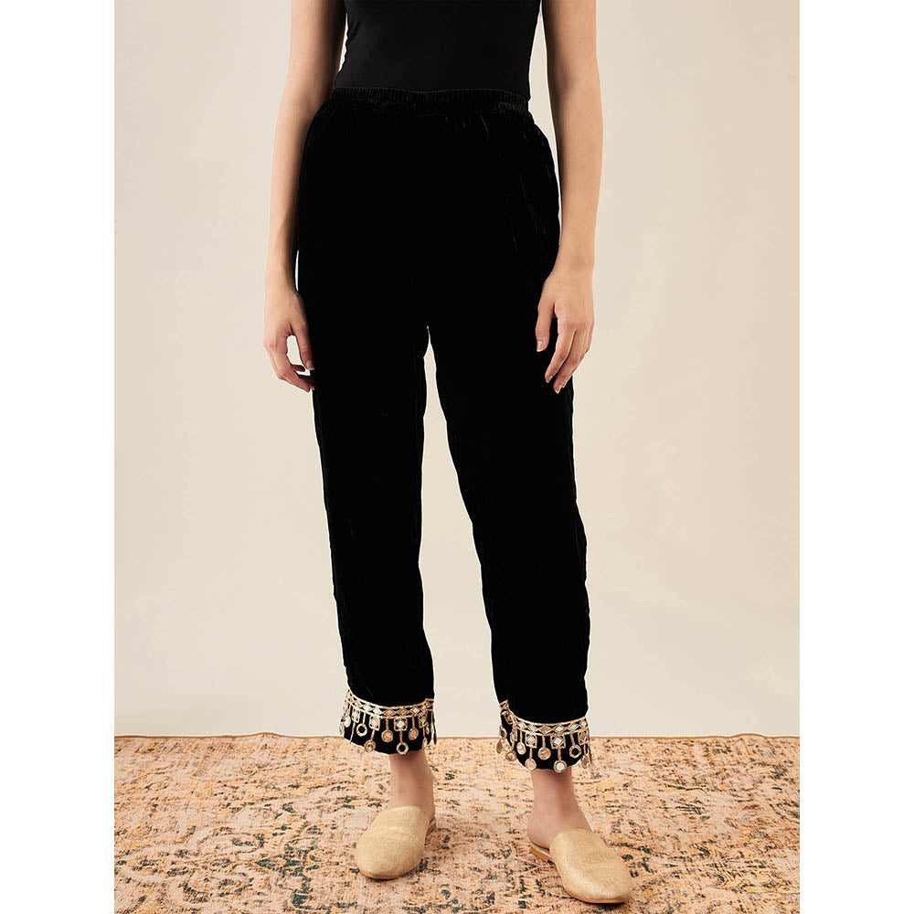 First Resort by Ramola Bachchan Black Silk Velvet Straight Pant with Mirror Lace Detail
