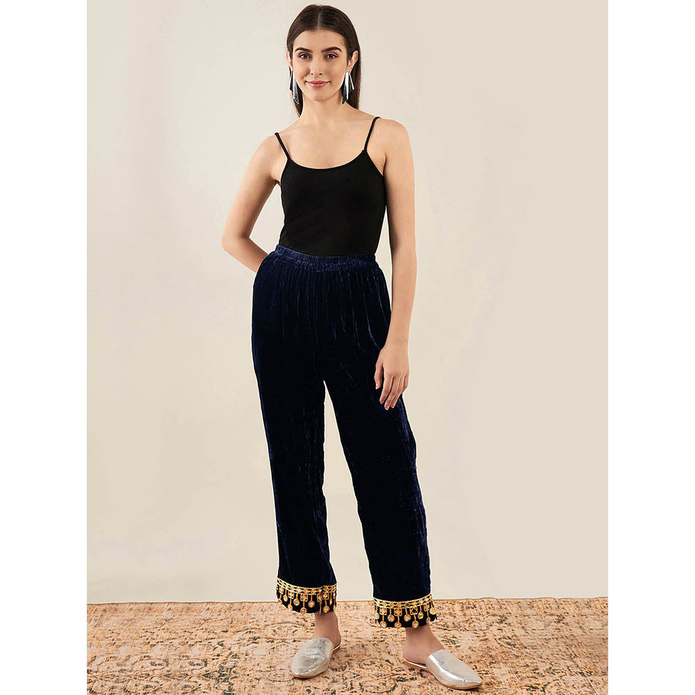 First Resort by Ramola Bachchan Blue Silk Velvet Straight Pant with Mirror Lace Detail