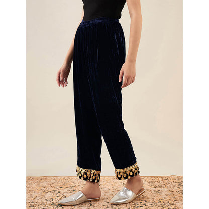 First Resort by Ramola Bachchan Blue Silk Velvet Straight Pant with Mirror Lace Detail