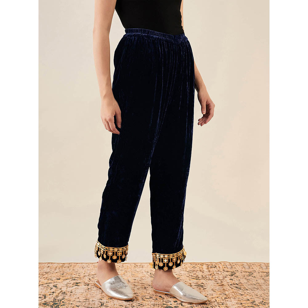First Resort by Ramola Bachchan Blue Silk Velvet Straight Pant with Mirror Lace Detail