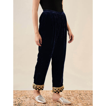 First Resort by Ramola Bachchan Blue Silk Velvet Straight Pant with Mirror Lace Detail