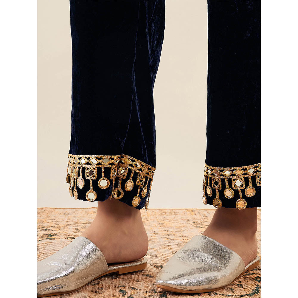 First Resort by Ramola Bachchan Blue Silk Velvet Straight Pant with Mirror Lace Detail