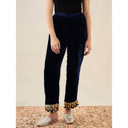 First Resort by Ramola Bachchan Blue Silk Velvet Straight Pant with Mirror Lace Detail
