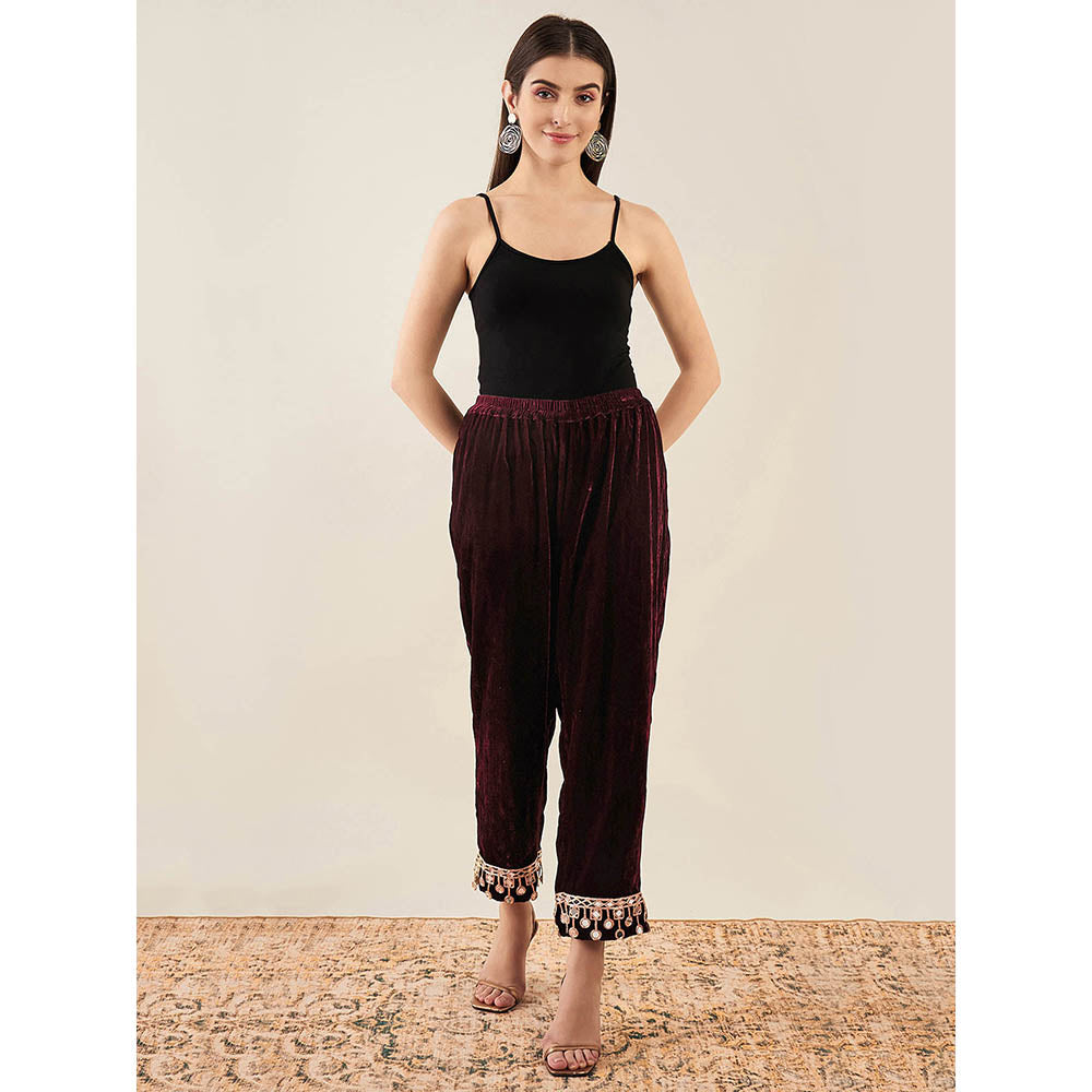 First Resort by Ramola Bachchan Maroon Silk Velvet Straight Pant with Mirror Lace Detail