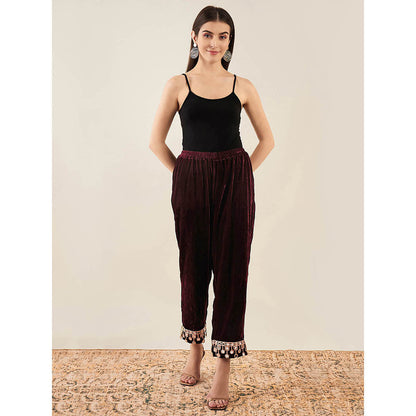 First Resort by Ramola Bachchan Maroon Silk Velvet Straight Pant with Mirror Lace Detail