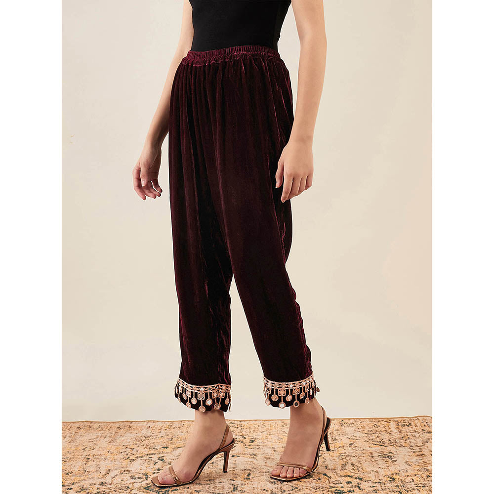 First Resort by Ramola Bachchan Maroon Silk Velvet Straight Pant with Mirror Lace Detail