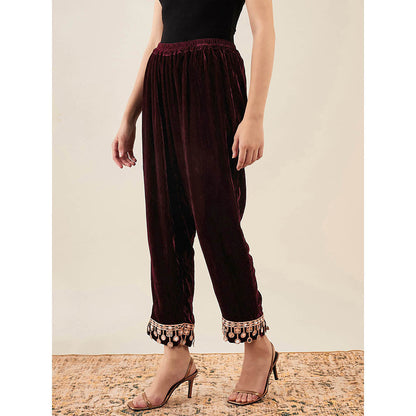First Resort by Ramola Bachchan Maroon Silk Velvet Straight Pant with Mirror Lace Detail