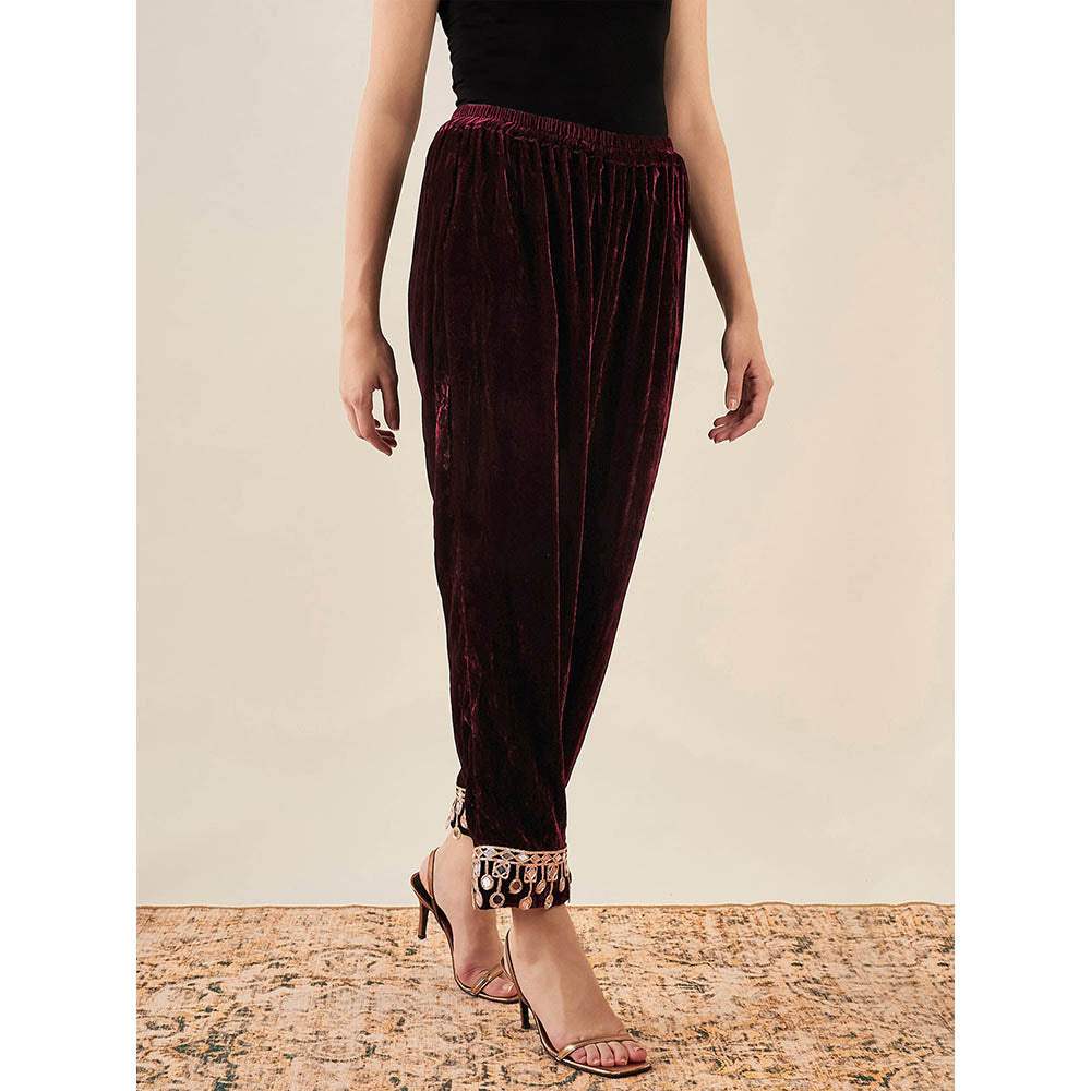 First Resort by Ramola Bachchan Maroon Silk Velvet Straight Pant with Mirror Lace Detail