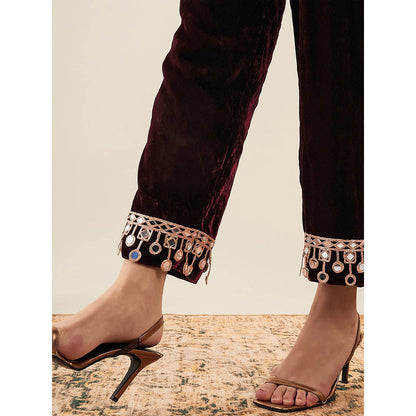 First Resort by Ramola Bachchan Maroon Silk Velvet Straight Pant with Mirror Lace Detail