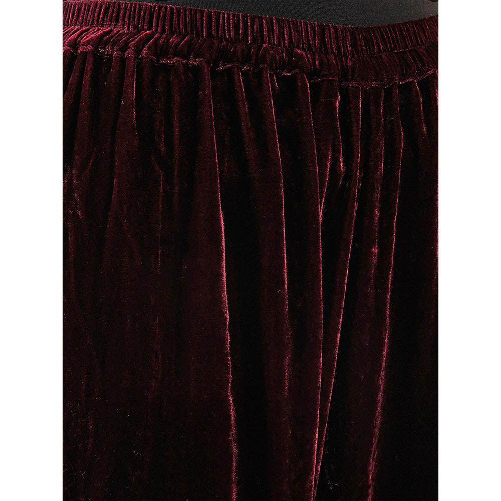 First Resort by Ramola Bachchan Maroon Silk Velvet Straight Pant with Mirror Lace Detail