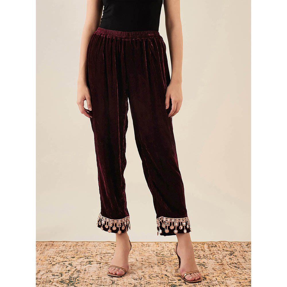 First Resort by Ramola Bachchan Maroon Silk Velvet Straight Pant with Mirror Lace Detail