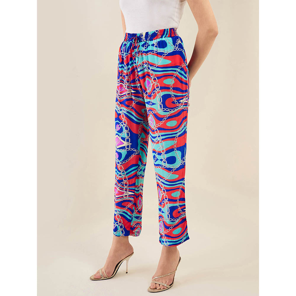 First Resort by Ramola Bachchan Blue and Red Marine Wave Print Pant