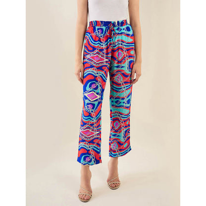 First Resort by Ramola Bachchan Blue and Red Marine Wave Print Pant