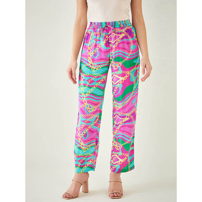First Resort by Ramola Bachchan Pink and Green Marine Wave Print Pant