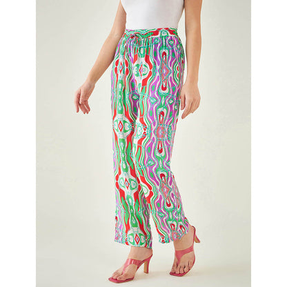 First Resort by Ramola Bachchan Green and Orange Marine Wave Print Pant