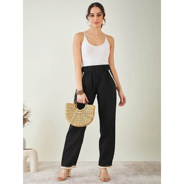First Resort by Ramola Bachchan Black Linen Pant with Lace Detail