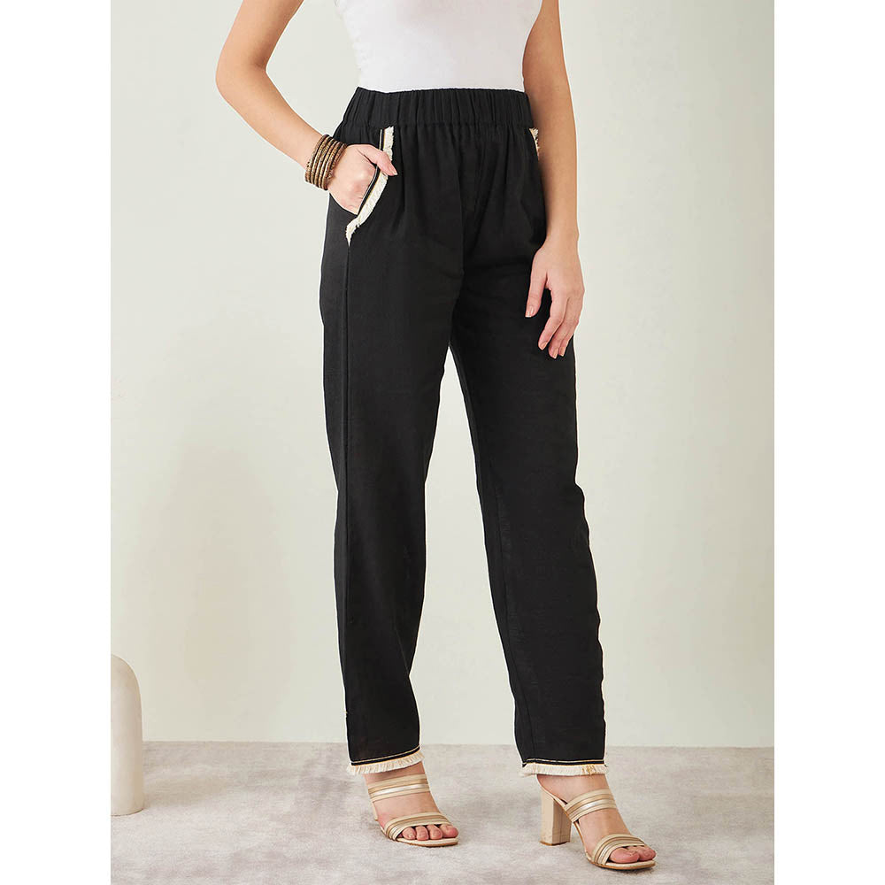 First Resort by Ramola Bachchan Black Linen Pant with Lace Detail