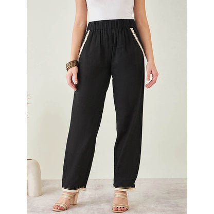 First Resort by Ramola Bachchan Black Linen Pant with Lace Detail