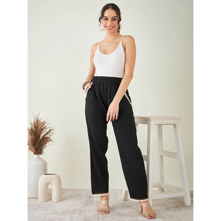 First Resort by Ramola Bachchan Black Linen Pant with Lace Detail