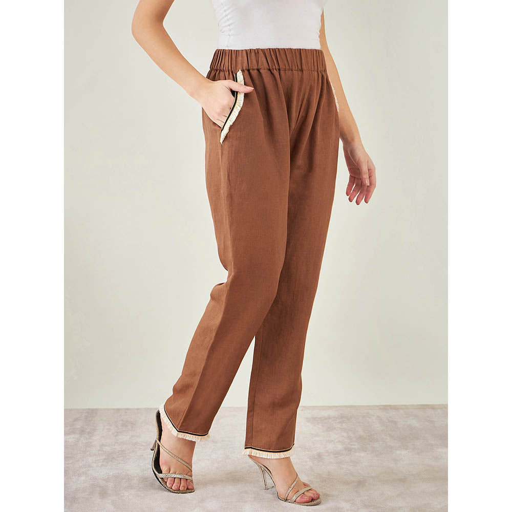 First Resort by Ramola Bachchan Brown Linen Pant with Lace Detail