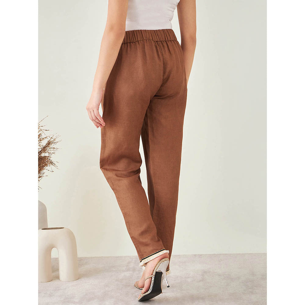 First Resort by Ramola Bachchan Brown Linen Pant with Lace Detail