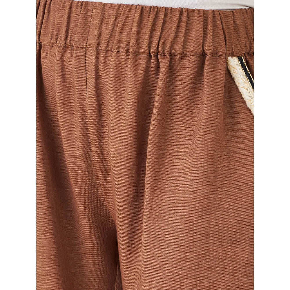 First Resort by Ramola Bachchan Brown Linen Pant with Lace Detail