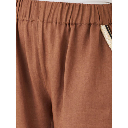 First Resort by Ramola Bachchan Brown Linen Pant with Lace Detail