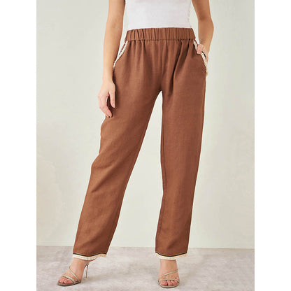 First Resort by Ramola Bachchan Brown Linen Pant with Lace Detail