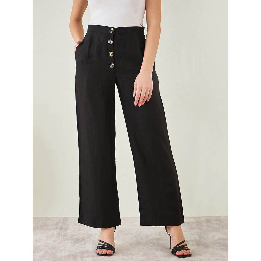 First Resort by Ramola Bachchan Black Linen High-Waisted Straight Pant
