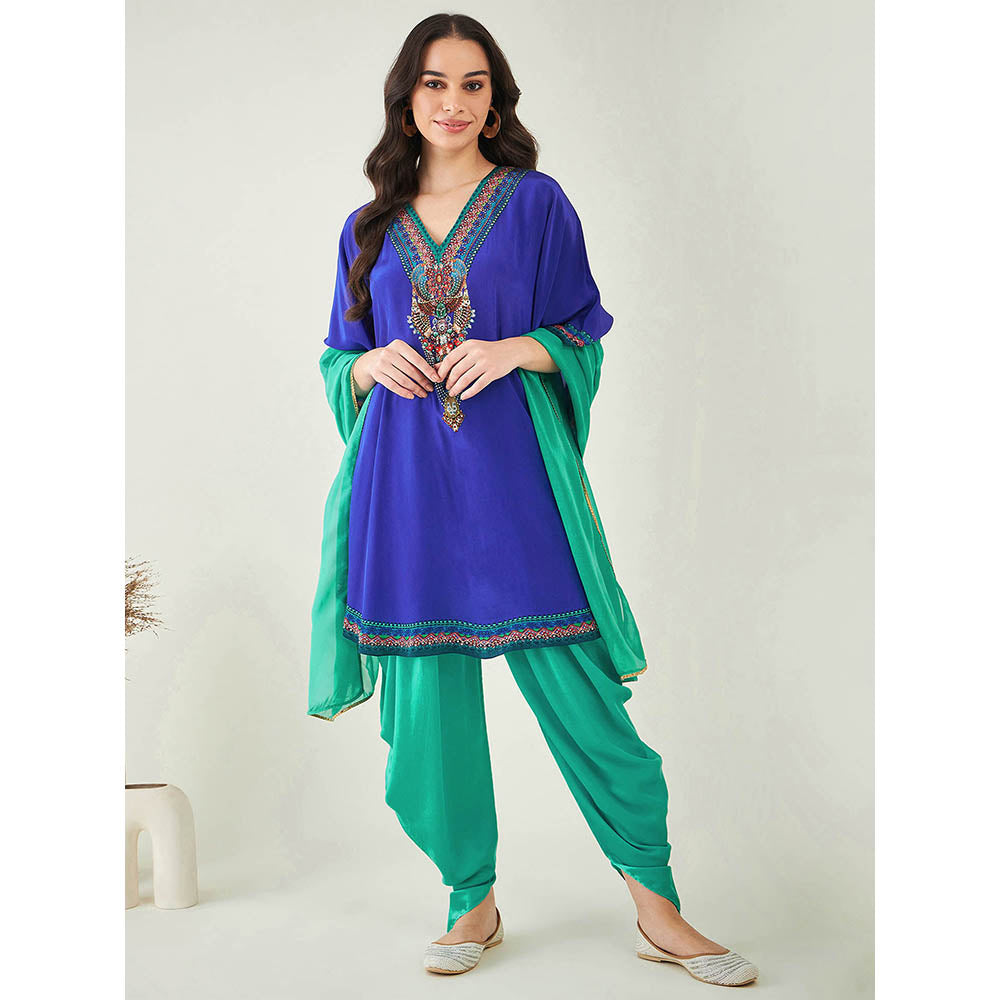 First Resort by Ramola Bachchan Blue Embellished Tunic with Dhoti Pant and Dupatta (Set of 3)