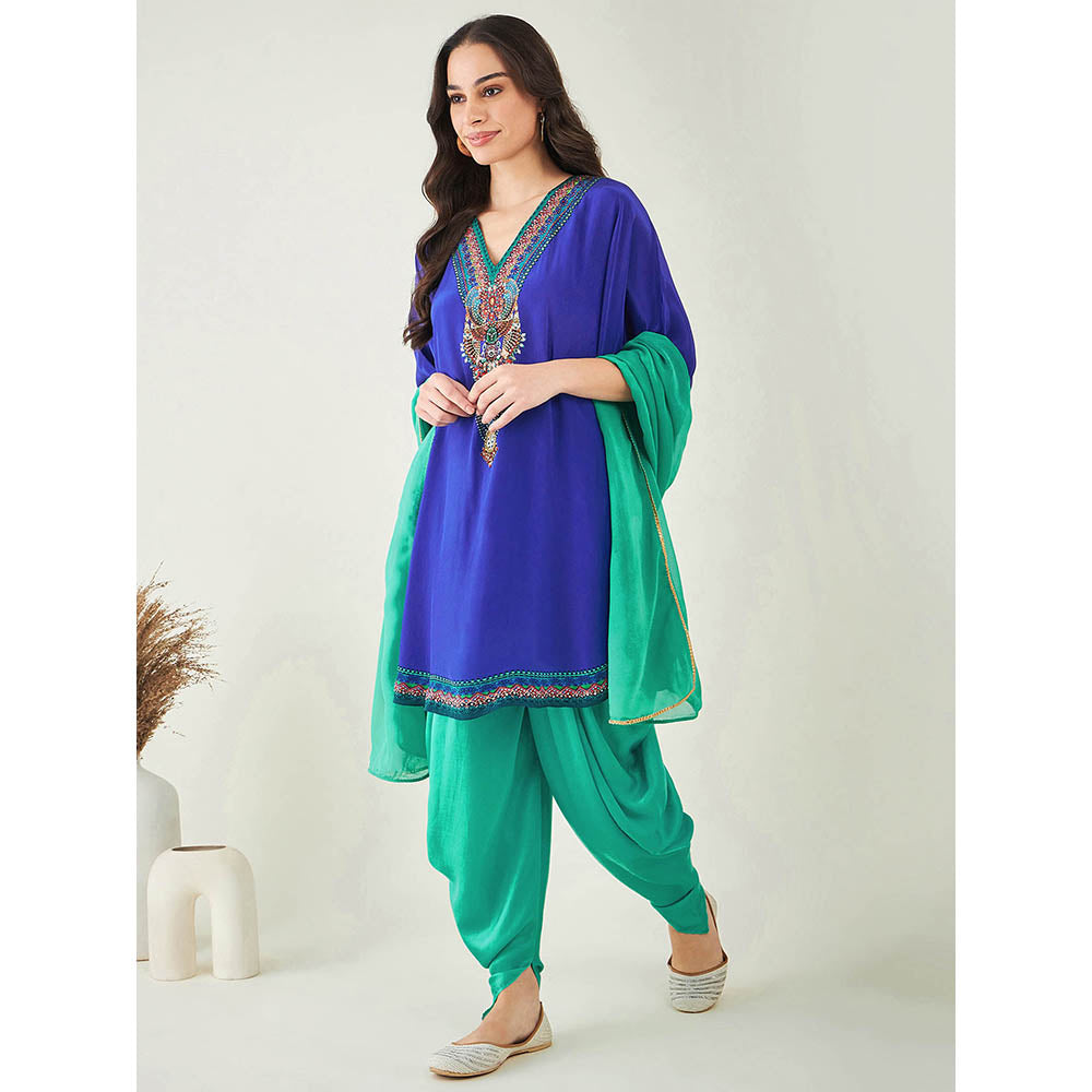 First Resort by Ramola Bachchan Blue Embellished Tunic with Dhoti Pant and Dupatta (Set of 3)