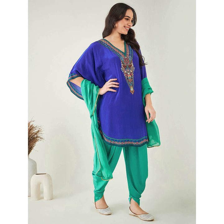 First Resort by Ramola Bachchan Blue Embellished Tunic with Dhoti Pant and Dupatta (Set of 3)