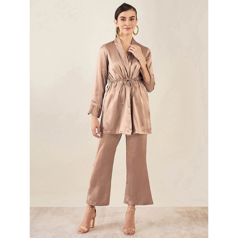 First Resort by Ramola Bachchan Hazel Brown Embellished Satin Tunic & Bell Bottom (Set of 2)