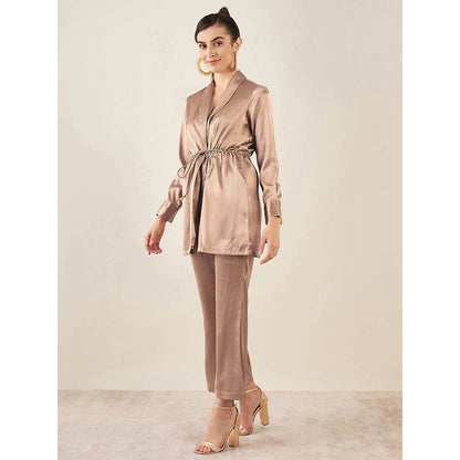 First Resort by Ramola Bachchan Hazel Brown Embellished Satin Tunic & Bell Bottom (Set of 2)