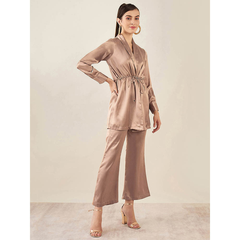 First Resort by Ramola Bachchan Hazel Brown Embellished Satin Tunic & Bell Bottom (Set of 2)