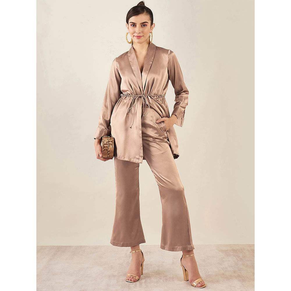 First Resort by Ramola Bachchan Hazel Brown Embellished Satin Tunic & Bell Bottom (Set of 2)