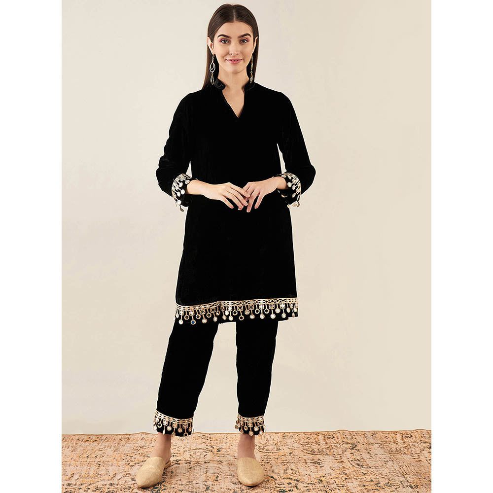 First Resort by Ramola Bachchan Black Silk Velvet Kurta & Straight Pant with Mirror (Set of 2)