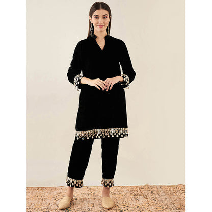 First Resort by Ramola Bachchan Black Silk Velvet Kurta & Straight Pant with Mirror (Set of 2)