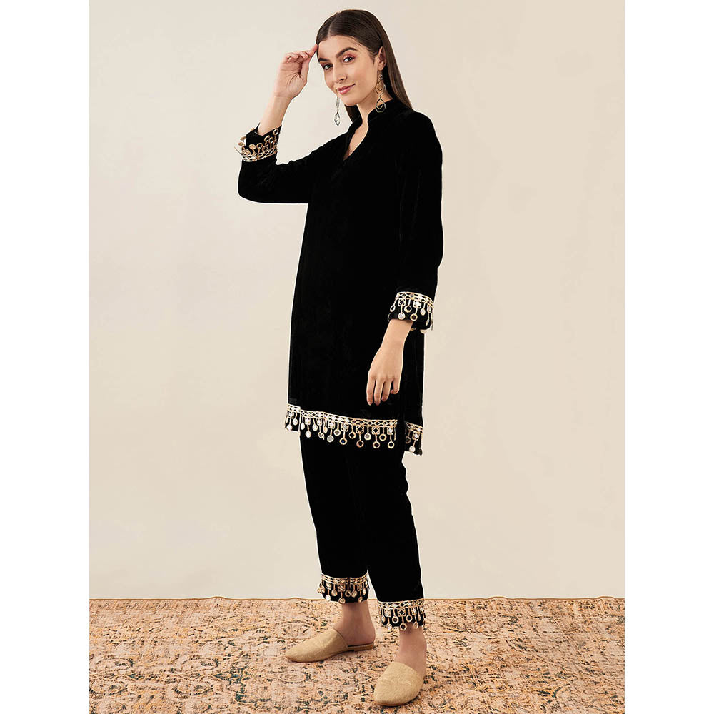 First Resort by Ramola Bachchan Black Silk Velvet Kurta & Straight Pant with Mirror (Set of 2)