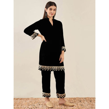 First Resort by Ramola Bachchan Black Silk Velvet Kurta & Straight Pant with Mirror (Set of 2)