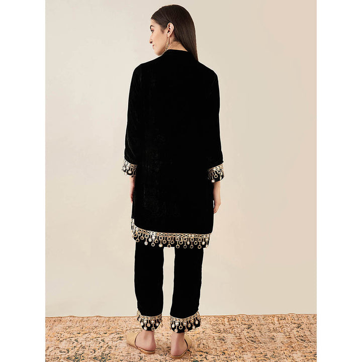 First Resort by Ramola Bachchan Black Silk Velvet Kurta & Straight Pant with Mirror (Set of 2)