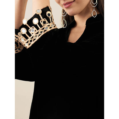 First Resort by Ramola Bachchan Black Silk Velvet Kurta & Straight Pant with Mirror (Set of 2)