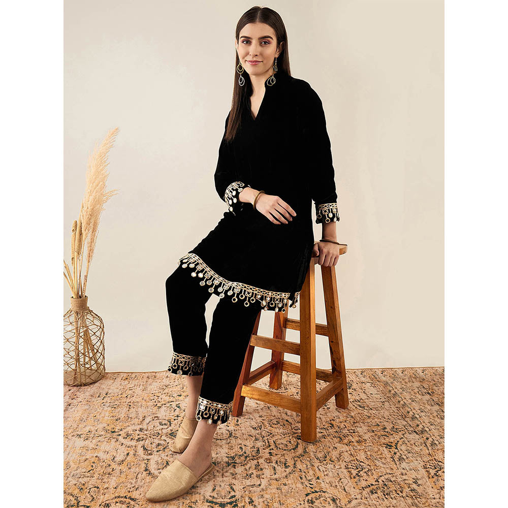 First Resort by Ramola Bachchan Black Silk Velvet Kurta & Straight Pant with Mirror (Set of 2)