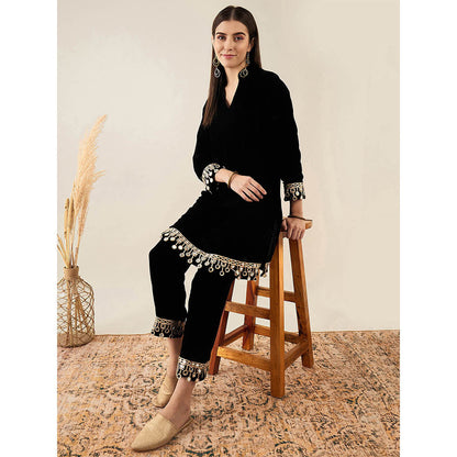 First Resort by Ramola Bachchan Black Silk Velvet Kurta & Straight Pant with Mirror (Set of 2)
